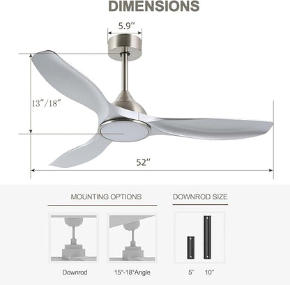 52 Inch Quiet DC Motor 6 Speed High CFM Modern Ceiling Fan with Lights Remote Control, 3 Blade Indoor Silver Ceiling Fan for Bedroom, Office, Living Room
