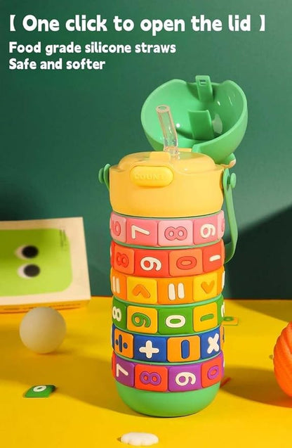 Kids Premium 14 oz Math Water Bottle with Silicone Spout, Leak-Proof Locking Flip Lid, Carrying Strap, Educational, Fun, Learning, Puzzle, Insulated, Stainless Steel Thermos, Sensory, Fidget. (Green)