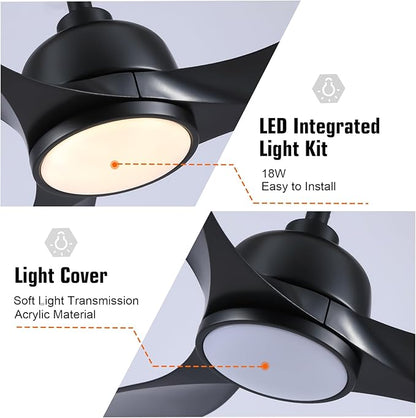 42 Inch Black Ceiling Fan with Light, Remote Control, 3 Color Changing, Dimmable, Reverse Function, Quiet, 6 Speed, Ideal for Living Room, Bedroom, Balcony