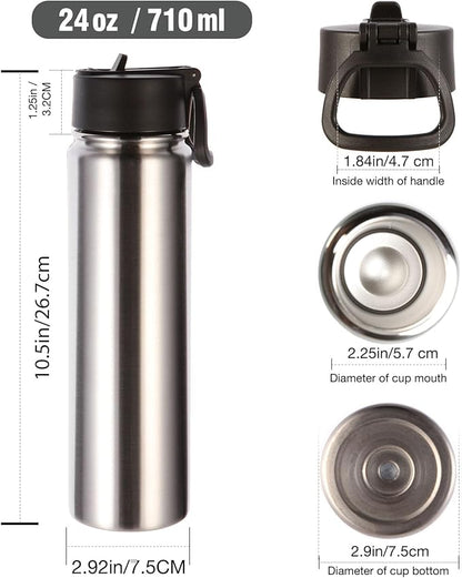 Volhoply 24oz Insulated Water Bottle With Straw Bulk 6 Pack,Metal Wide Mouth Water Bottles With Handle Lid Keep Cold,Reusable Double Wall Thermos,Powder Coated Sport Bottle For Holder(Sliver,6 Count)