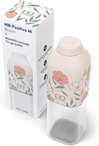 monbento - Water Bottle MB Positive M Bloom 17 Oz - Leakproof Water Bottle Perfect for Work, Travel, Sport, or to Slip into a Handbag - BPA Free - Food Grade Safe - Flowers Pattern - Pink