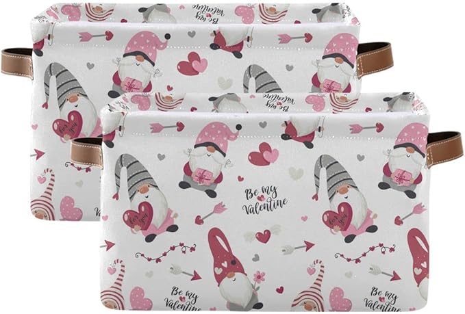Happy Valentine's Day Gnomes Storage Basket Fabric Laundry Baskets Be Mine Valentine Love Heart Storage Boxes Organizer Bag for Baby Cloth Dog Toy Book Storage Cubes Shelf Closet Bins 16×12×8 Inches