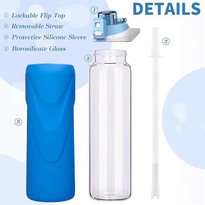 32 oz Sports Glass Water Bottle with Straw & Silicone Sleeve Reusable BPA-free Borosilicate Glass Drinking Bottle with Flip Top Lid & Handle Wide Mouth (Dark Blue)