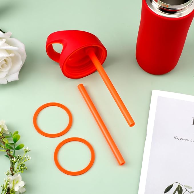 2pcs Replacement Straws with 2pcs Replacement Gasket, Reusable Straws Lid Seal Rings Bottle Straws Replacement Parts Accessories Compatible with Gatorade 12oz Kids' Rookie Metal Water Bottle(Orange)