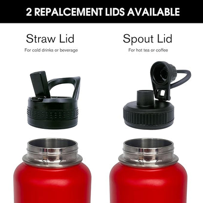 4pack 32 oz Insulated Water Bottle With Straw, Stainless Steel Sports Water Cup Flask with 2 Lids, Wide Mouth Travel Thermal Mug,Red