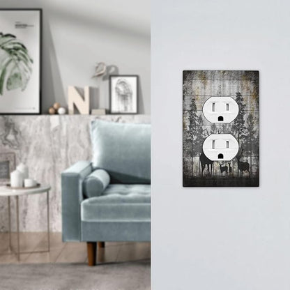 Rustic Deer Forest Vintage Wood Board Single Duplex Wall Plate Covers Boho Light Switch Cover 1 Gang Outlet Plate Decorative Country Electrical Receptacle Art Faceplate Switchplate for Farmhouse