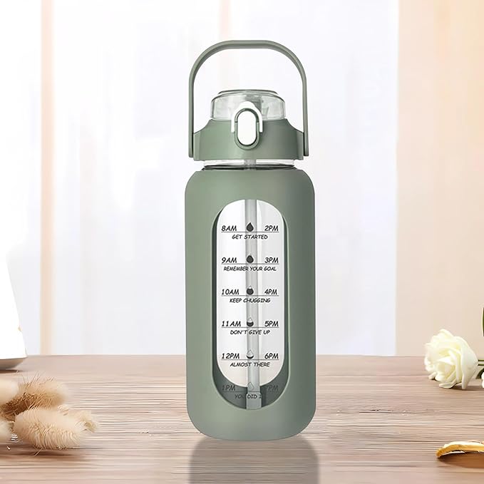 64oz Glass Water Bottle with Straw - Half Gallon Large Motivational Water Bottle with Silicone Sleeve Time Marker, Ideal for Gym, Sports, Workouts, Daily