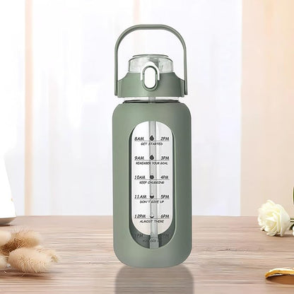 64oz Glass Water Bottle with Straw - Half Gallon Large Motivational Water Bottle with Silicone Sleeve Time Marker, Ideal for Gym, Sports, Workouts, Daily