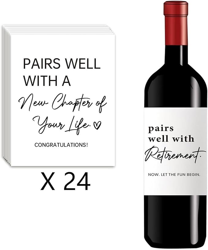 24 Pcs Retirement Wine Labels, Retirement Gifts for Women Men, Happy Retirement Wine Bottle Stickers Gifts for Coworker Grandparents, Pairs Well with Retirement Wine Bottle Labels