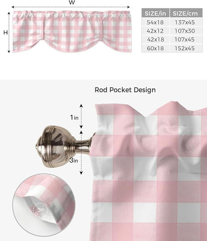 Christmas Blackout Tie Up Valance Curtains for Kitchen Windows Rustic Pink White Buffalo Check Plaid Pattern Window Toppers Balloon Shades for Living Room/Bathroom/Bedroom,1 Panel, 42" X 18",Farmhouse
