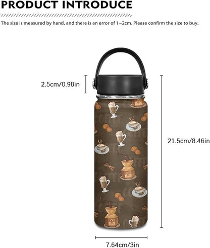 Coffee Print Insulated Water Bottle 18 Oz Stainless Steel Leak Proof Vacuum Easy to Clean Lightweight Keeps Cold and Hot Great for Travel Hiking Biking Running