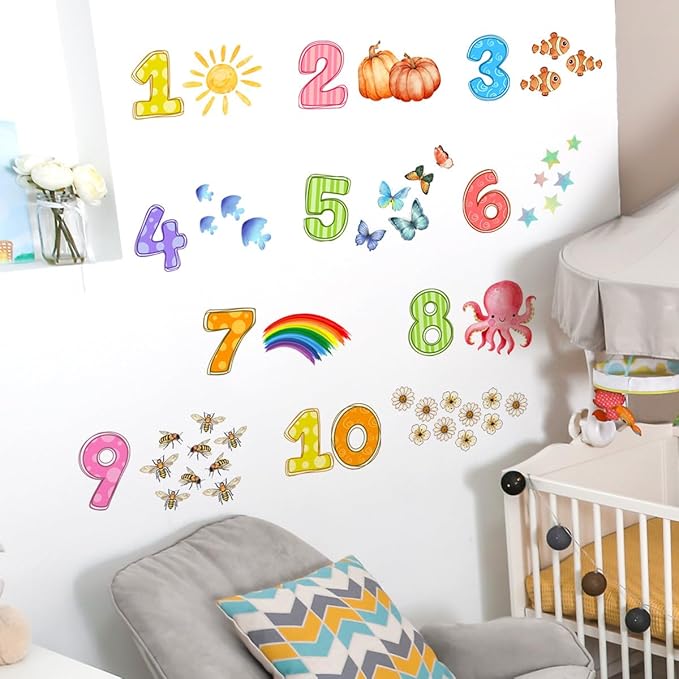 Colorful Numbers and Animals Wall Decal - 94x37cm Decorative Sticker for Kids' Rooms