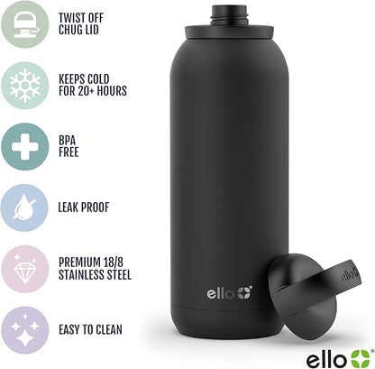 Ello Cooper Twist 40oz Stainless Steel Water Bottle with Chug Lid | Leak Proof | Double Walled and Vacuum Insulated | Built in Carry Loop | Dishwasher Safe | White