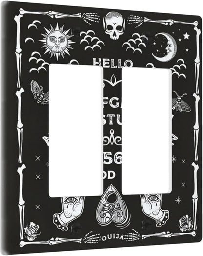 Black Witchy Skeleton Skull Gothic Sun Moon 2 Gang Rocker Decora Novelty Light Switch Covers Decorative Unique Dual Outlet Covers Wall Plate Electrical Faceplate Switchplate GFCI