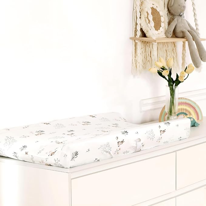 GRSSDER Stretch Ultra Soft Jersey Knit Changing Pad Cover Set 2 Pack, Change Table Pad Covers Fit 32"/34" x 16" Pads Safe and Snug, Pretty Pattern for Boys and Girls, Stylish Watercolor Rabbit Pattern
