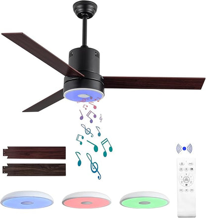 52 Inch Ceiling Fan with RGB Dimming LED Light,with Music Bluetooth Speaker,with Remote Control,3-Speed Regulation, Reversible Motor,Timing,for Living Room,Bedroom,Restaurant,Outdoor