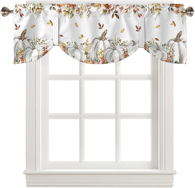 Fall Floral Leaves Blackout Tie Up Valance Curtains for Kitchen Windows Thanksgiving Pumpkins Window Toppers Balloon Shades for Living Room/Bathroom/Bedroom,1 Panel,60" X 18" Boho