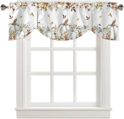Fall Floral Leaves Blackout Tie Up Valance Curtains for Kitchen Windows Thanksgiving Pumpkins Window Toppers Balloon Shades for Living Room/Bathroom/Bedroom,1 Panel,60" X 18" Boho