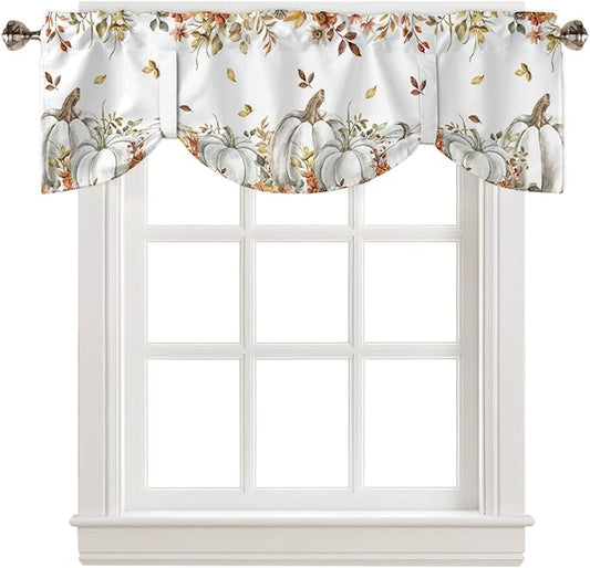 Fall Floral Leaves Blackout Tie Up Valance Curtains for Kitchen Windows Thanksgiving Pumpkins Window Toppers Balloon Shades for Living Room/Bathroom/Bedroom,1 Panel,42" X 12" Boho