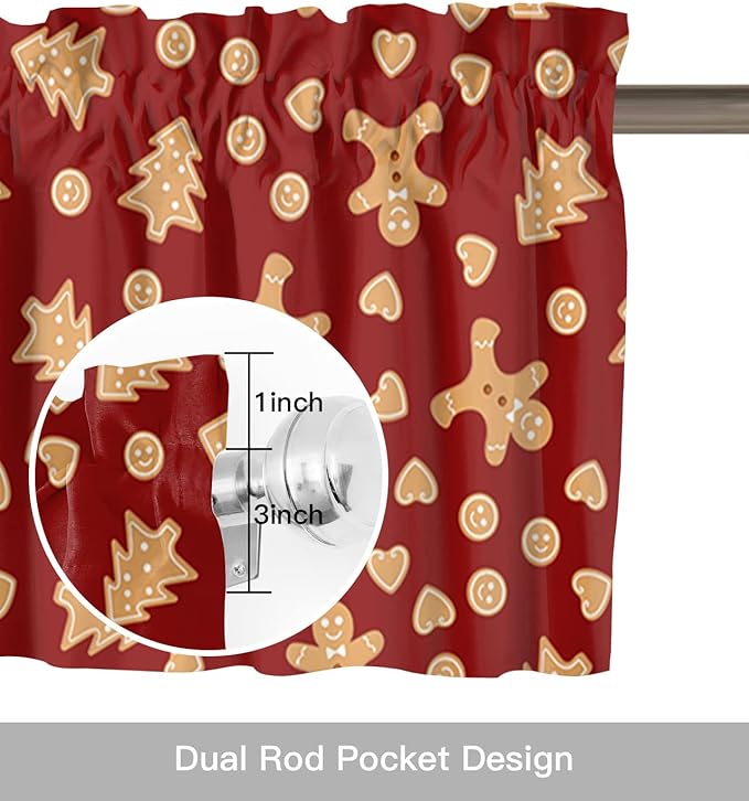 Christmas Valance Kitchen Curtains,Red Merry Christmas Gingerbread Man Cookies Window Treatments Short Curtain,Winter Holiday Decorations Rod Pocket Toppers for Bedroom/ Living Room,1 Panel-54" X 18"