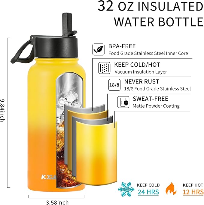 32 oz Insulated Water Bottle with Paracord Handles & Strap, 2 Lids(Straw Lid&Spout Lid), Stainless Steel Reusable Wide Mouth Metal Water Bottle With Straw, Double Walled, Thermo Mug（Mango Yellow)