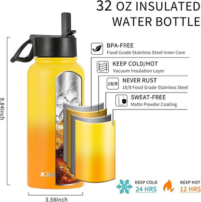 32 oz Insulated Water Bottle with Paracord Handles & Strap, 2 Lids(Straw Lid&Spout Lid), Stainless Steel Reusable Wide Mouth Metal Water Bottle With Straw, Double Walled, Thermo Mug（Mango Yellow)