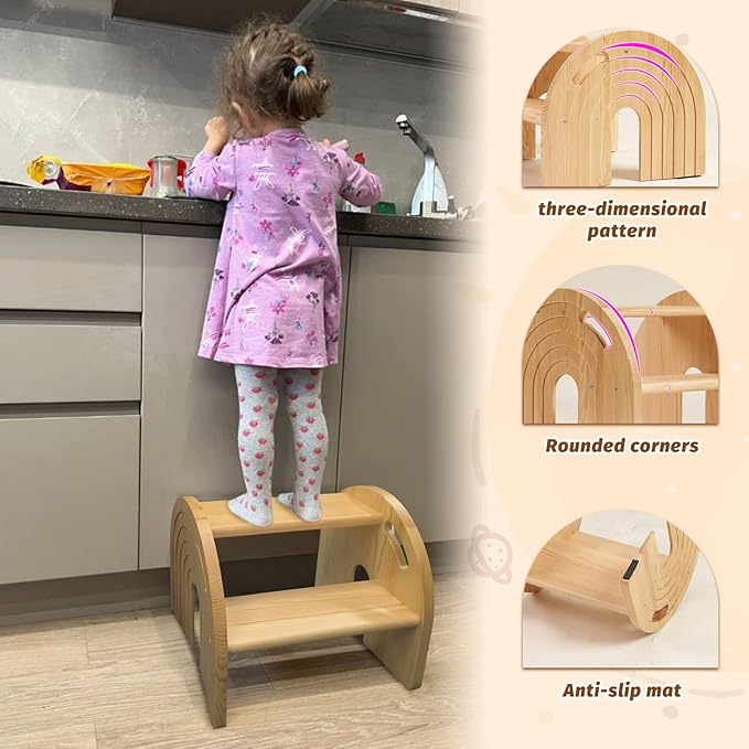 Rainbow Wooden Toddler Step Stool, Two-Step Stool for Bathroom, Kitchen and Potty Training,with Safety Non-Slip Pad, Handle and Auto Light(Natural)