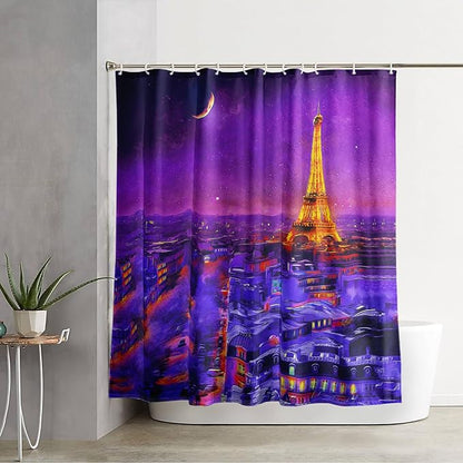 AILONEN Paris Tower Shower Curtain,Purple Glowing City Waterproof Fabric Shower Curtain for Girls Boys Kids Teens, 72" W*84" H Night Eiffel Tower Oil Painting Shower Curtain