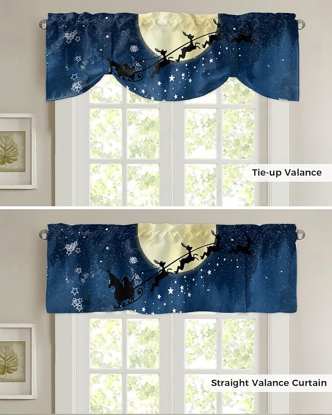 Christmas Blackout Tie Up Valance Curtains for Kitchen Windows Santa Claus Reindeer Window Toppers Balloon Shades for Living Room/Bathroom/Bedroom,1 Panel,42" X 12" Blue Snowy Night