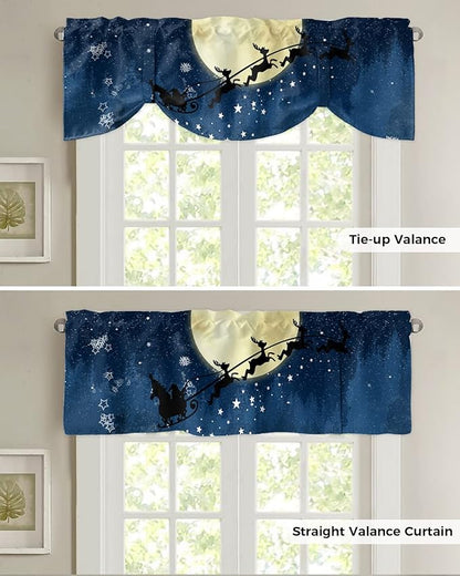 Christmas Blackout Tie Up Valance Curtains for Kitchen Windows Santa Claus Reindeer Window Toppers Balloon Shades for Living Room/Bathroom/Bedroom,1 Panel,42" X 12" Blue Snowy Night