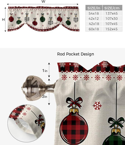 Christmas Blackout Tie Up Valance Curtains for Kitchen Windows Vintage Buffalo Plaid Christmas Balls Window Toppers Balloon Shades for Living Room/Bathroom/Bedroom,1 Panel,42" X 12" Farmhouse