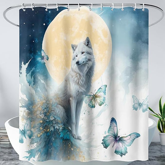 AILONEN 3D Printed Wolf Shower Curtain, Watercolor Floral Wolf Bath Curtain for Boys Girls Kids,Modern Minimalist White Waterproof Fabric Shower Curtain 72" W*72" H