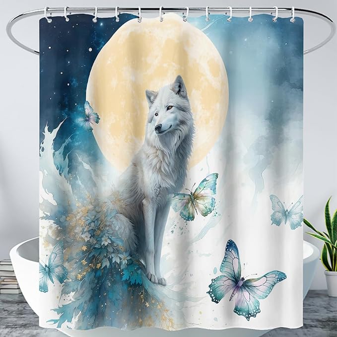 AILONEN 3D Printed Wolf Shower Curtain, Watercolor Floral Wolf Bath Curtain for Boys Girls Kids,Modern Minimalist White Waterproof Fabric Shower Curtain 72" W*96" H