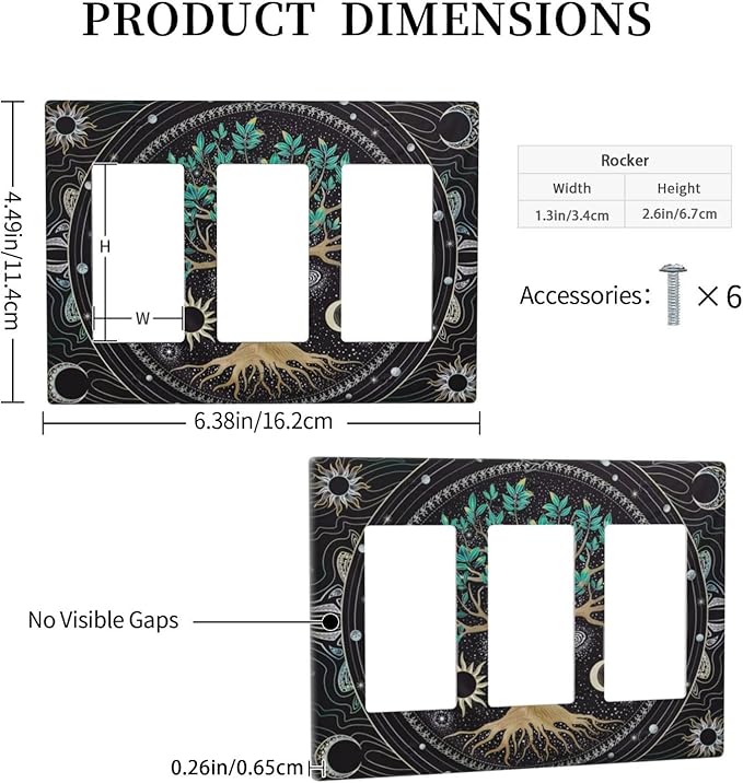 Tree of Life Blackground 3 Gang Rocker Light Switch Plate Hippie Sun Moon Star Triple Decora Outlet Wall Plate Cover Faceplate Decorative Switchcovers GFCI for Bathroom Bedroom Living Room Decorate