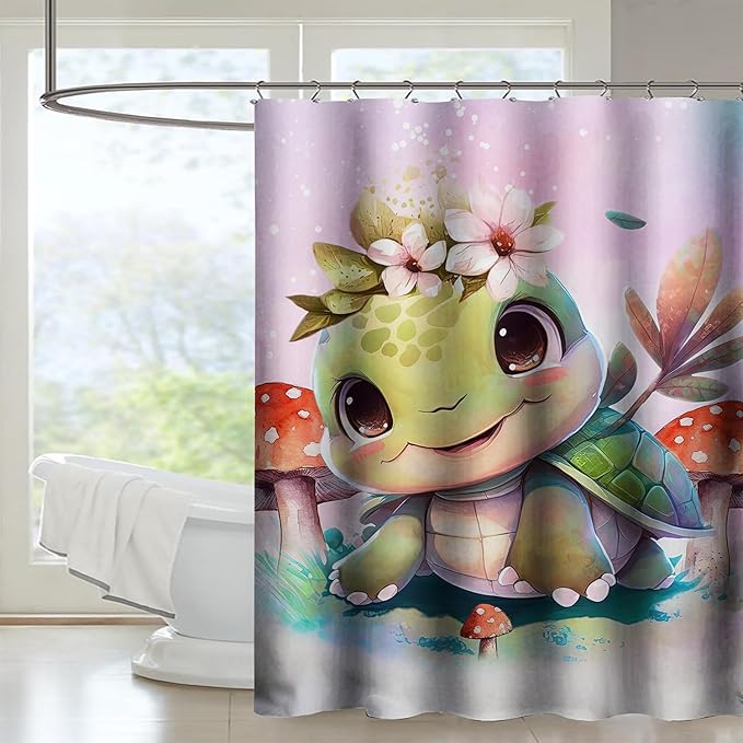 AILONEN Kawaii Sea Turtle Shower Curtain,Tie Die Ocean Animal Themed Bath Curtain Cloth Fabric Bathroom 72" W*84" H Inch,12 Pack Hooks for Kids,Sea Animal with Mushroom Bathroom Curtain