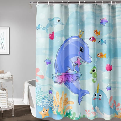 AILONEN Cute Dolphin Shower Curtain for Bathroom, Dolphin Fish Ocean Bath Curtain,Modern Minimalist Blue Waterproof Fabric Shower Curtain Set with Hooks 72" W*84" H