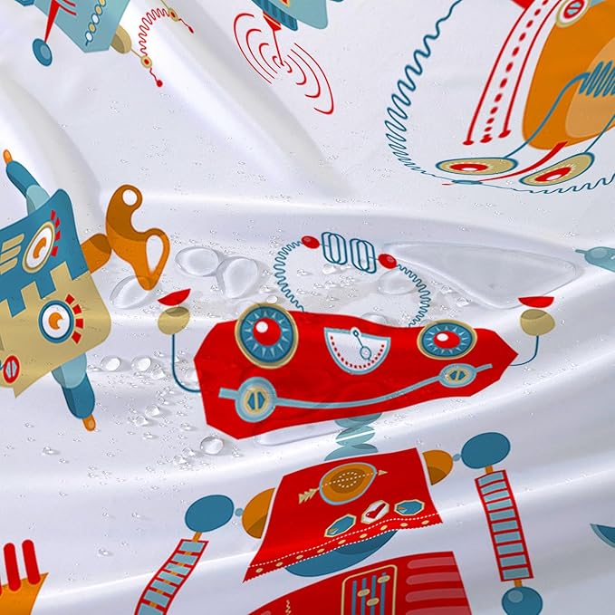 AILONEN Kawaii Robots Shower Curtain,Cartoon Robot Waterproof Fabric Shower Curtain Set for Boys Teens Kids, 72" W*96" H Watercolor Robot Bathroom Decors