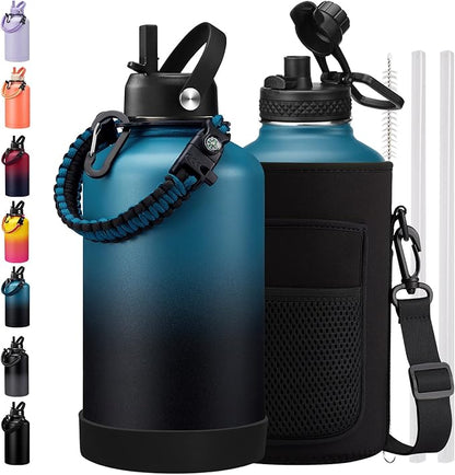 64oz Water Bottles with Straw - 1/2 Gallon Water Bottle Insulated with Straw Lid, Auto Spout Lid, Paracord Handle, Carrying Case, Stainless Steel Half Gallon Jug Thermal Mug for Gym Sport Office