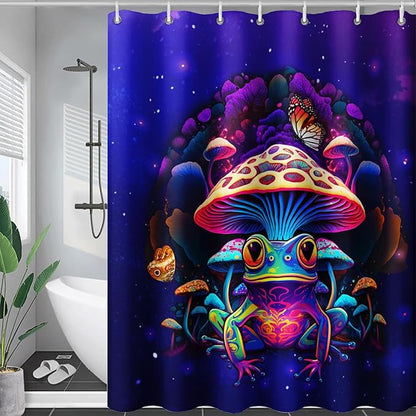 AILONEN Colorful Frog Shower Curtains,Poisonous Mushroom Printed Bath Curtains for Kids,Purple Polyester Waterproof for Bathroom,36" W*72" H with Plastic Hooks