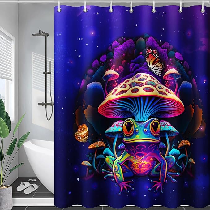 AILONEN Colorful Frog Shower Curtains,Poisonous Mushroom Printed Bath Curtains for Kids,Purple Polyester Waterproof for Bathroom,60" W*72" H with 12 Plastic Hooks