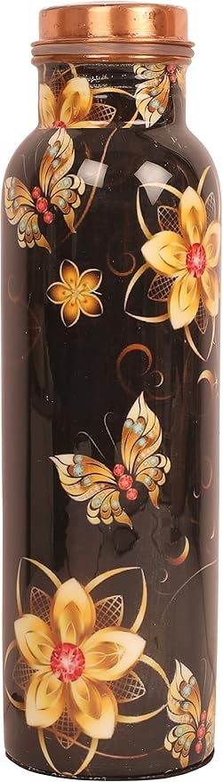 Pure Copper Water Bottle - Handcrafted - Ayurveda health benefits - Large 35 oz - Leak proof - Easy to carry for Sports, Fitness, Yoga, School - Black Base Floral Textured Colorful