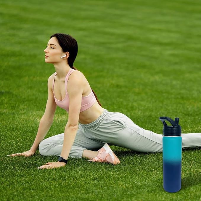 4pack 22 oz Insulated Water Bottle With Straw, Stainless Steel Sports Water Cup Flask with 2 Lids, Wide Mouth Travel Thermal Mug,Blue gradient