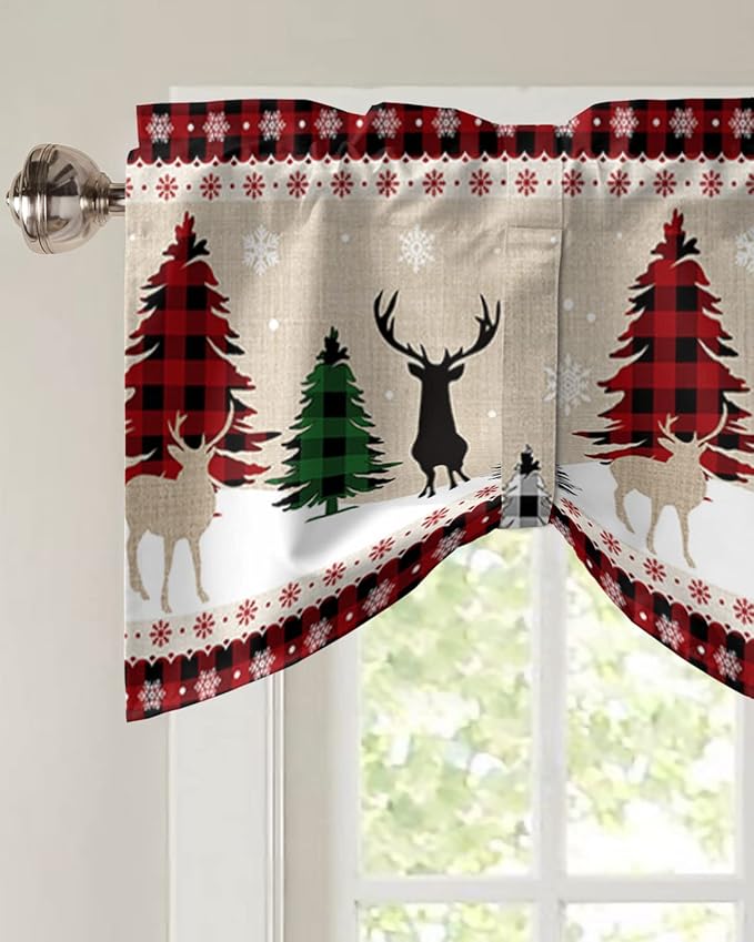 Farmhouse Christmas Blackout Tie Up Valance Curtains for Kitchen Windows Rustic Plaid Christmas Tree Snowflakes Window Toppers Balloon Shades for Living Room/Bathroom/Bedroom,42" X 12" Red Green Black