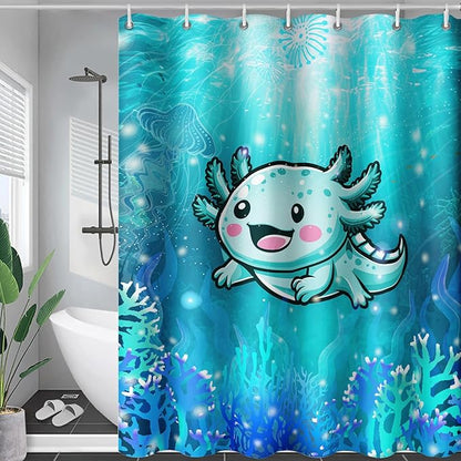 AILONEN Cute Axolotl Kids Shower Curtain for Bathroom,Blue Ocean Jellyfish Coral Print Bath Curtain 60" W*72" H,Girls Boys Kawaii Salamander Decorative Waterproof with 12 Plastic Hooks
