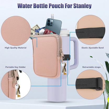 Water Bottle Pouch for Stanley Quencher Adventure 40oz & Stanley IceFlow 20oz 30oz, Gym Water Bottle Pouch for Stanley Cup 40oz,Workout Outdoor Tumbler Pocket for Phone, Card, Keys (Pink)