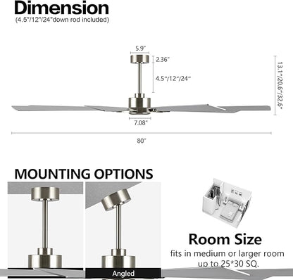80 Inch Ceiling Fan Without Lights, Wood 8 Blades 6-Speed Noiseless Reversible DC Motor, Modern Large Ceiling Fan with Remote Control for Bedroom Dining Living Room, Nickel Finish+Silver