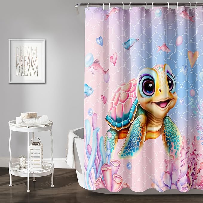 AILONEN Kawaii Sea Turtle Shower Curtain,Tie Die Turtle Bath Curtain Cloth Fabric Bathroom 72" W*78" H Inch,12 Pack Hooks for Kids Child,Watercolor Scale Bathroom Curtain