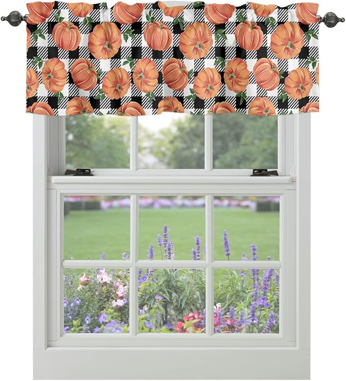 Fall Kitchen Curtains Valances for Windows Thanksgiving Halloween Pumpkins Rod Pocket Window Treatment for Kitchen /Living Room/Bedroom/ Bathroom,54" X 18" , Farmhouse Black White Buffalo Plaid