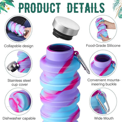 Lallisa 8 Pcs Collapsible Water Bottle Reusable Silicone Foldable Water Bottles 17 oz Portable Lightweight Sports Water Bottle with Carabiner for Gym Hiking Camping Travel (Mixed Colors)