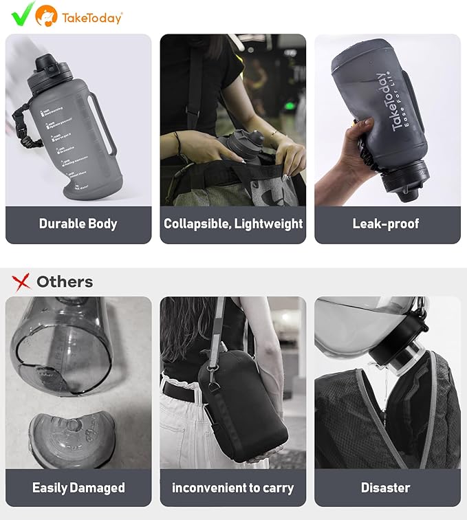 68 oz Collapsible Water Bottles with Straw, Half Gallon Water Bottle with Motivational Time Marker, Large Reusable Silicone Water Jug with Paracord Handle for Sports, Outdoors (Black)